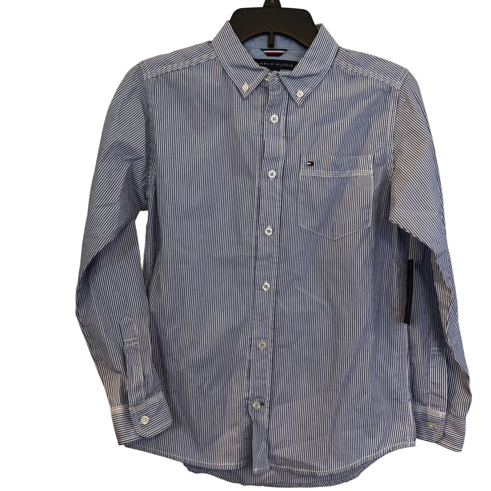Tommy Hilfiger Boys Button Down Shirt‎ M 12/14 NWT Blue White Striped Cotton BTS